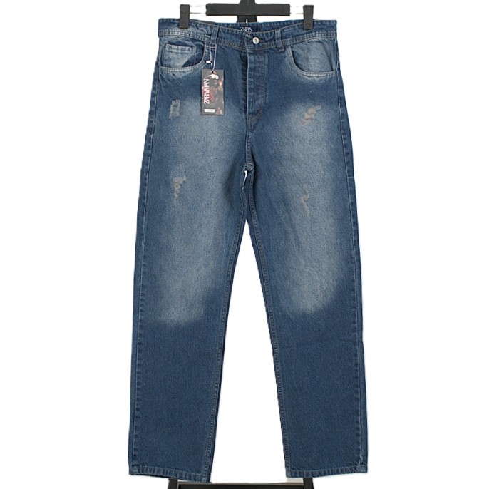 شلوار جین نیم بگ آبی تیره سنگ شور کم زخم