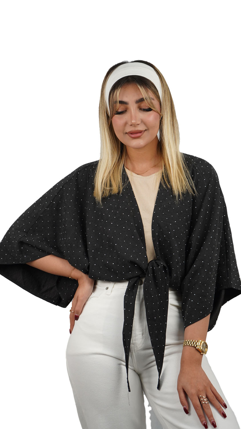 شومیز ساحلی نگین دار با رویه کوتاه گرهی نخی