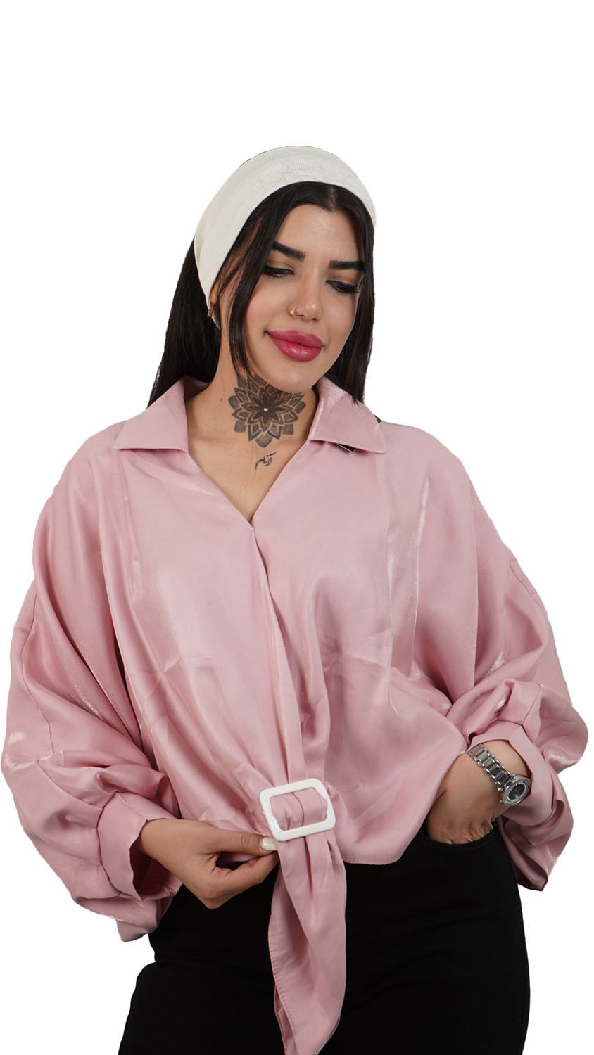 شومیز زنانه ابریشمی با آستین کلوش و کمربند بنددار