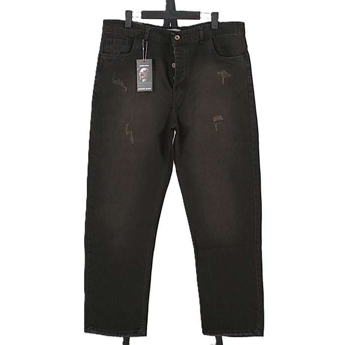 شلوار جین نیم بگ ذغالی-بژ کم زاپ